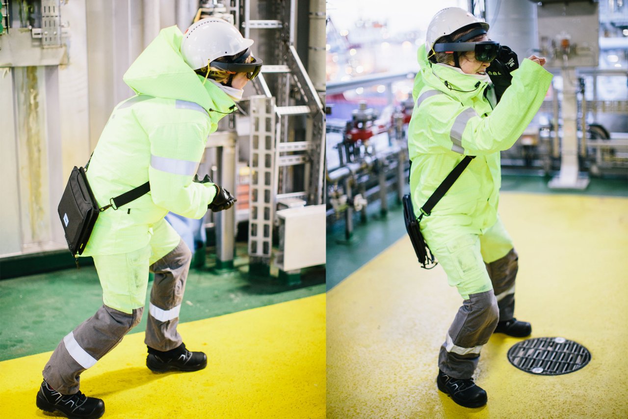 Collage of two photos of a person wearing protective gear in an industrial setting