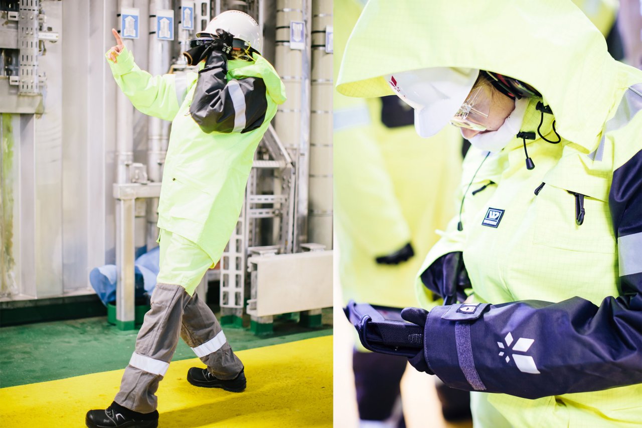 Collage of two photos showing a person wearing protective gear in an industrial setting