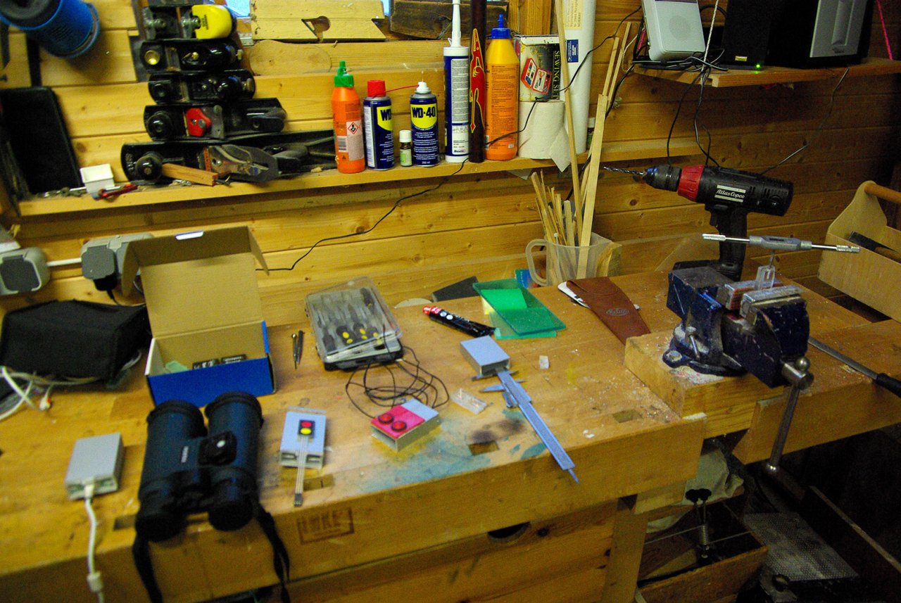 A work bench covered in tools