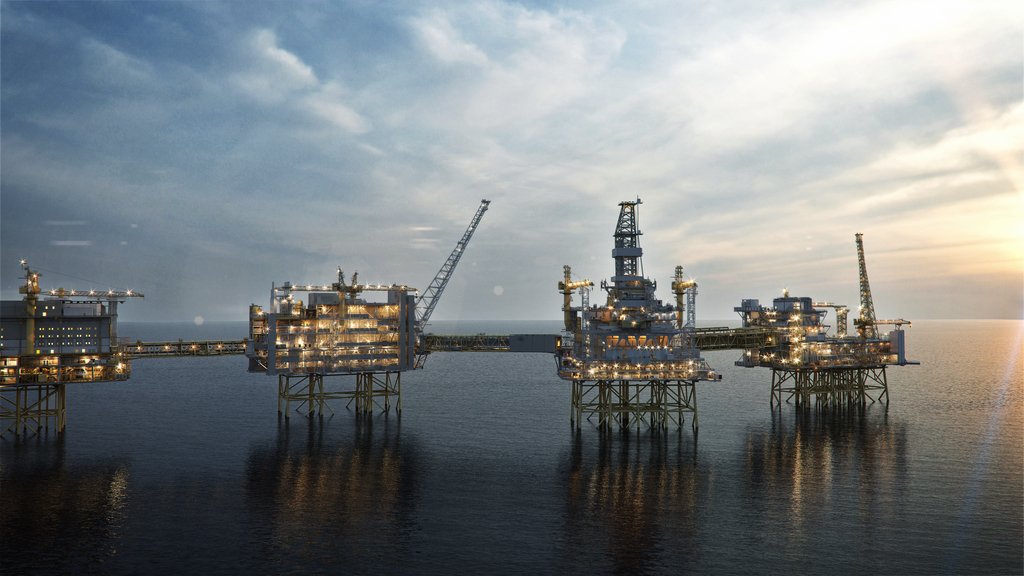 An overview image of the Johan Sverdrup installation during an early phase